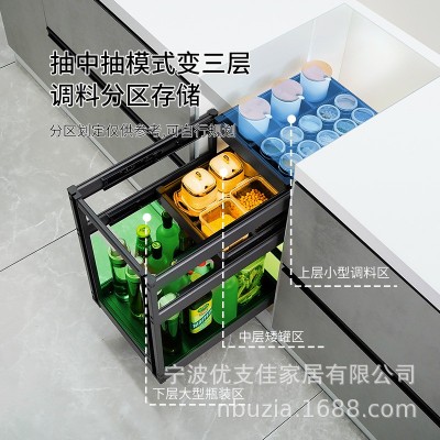 橱柜调味拉篮厨房家用多层抽屉式拉篮阻尼静音抽拉收纳调料置物架图2